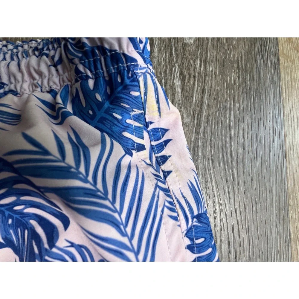 Swim Trunks Mens XL Pink Blue Tropical‎ Leaf Good Condition Drawstring